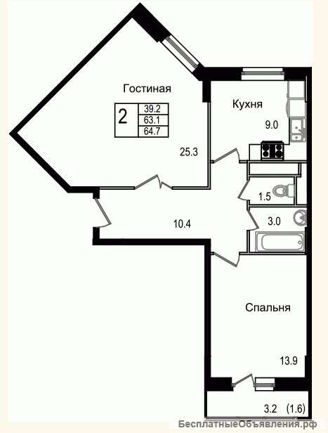 2-х ком.кв (64.7 м/кв) г. Ивантеевка Моск. обл.