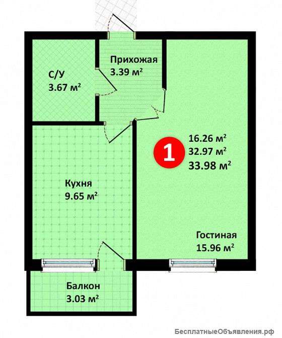 1 ком. квартира 34 кв.м