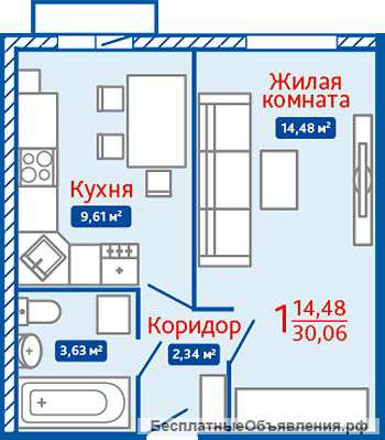 Однокомнатная квартира за 1068905 руб. в новостройке Тулы в ипотеку