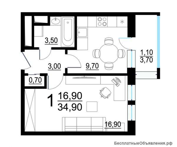 1-к квартира, 34.9 м², 7/22 эт.
