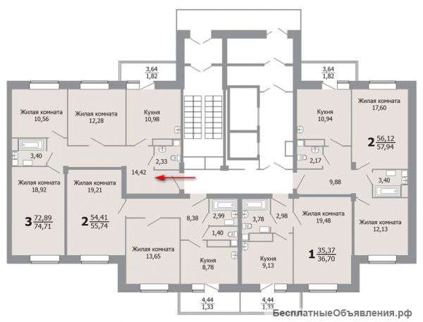 3-комн., 74.3 кв.м., Пашенный