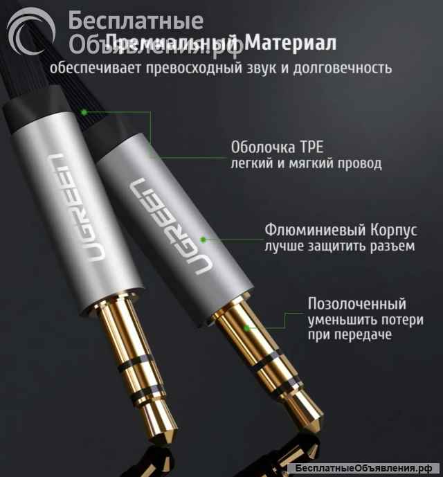 UGREEN Model: AV119 3,5mm Male to 3,5mm Male Flat Cable 5m (Black) High Quality оригинальный НОВЫЙ