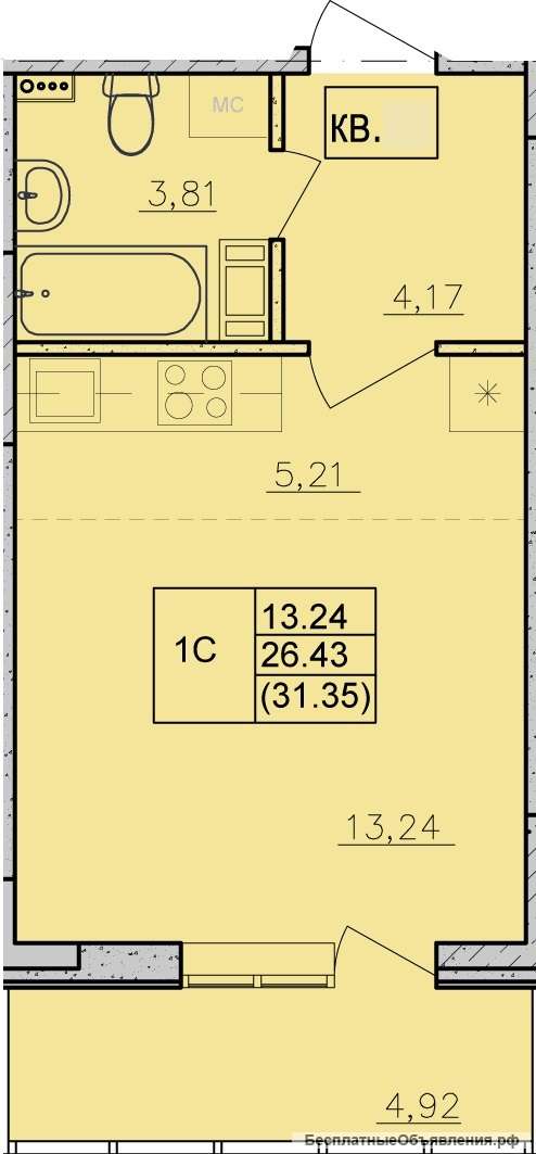Квартира-студия, очень просторная, форма комнаты-квадрат