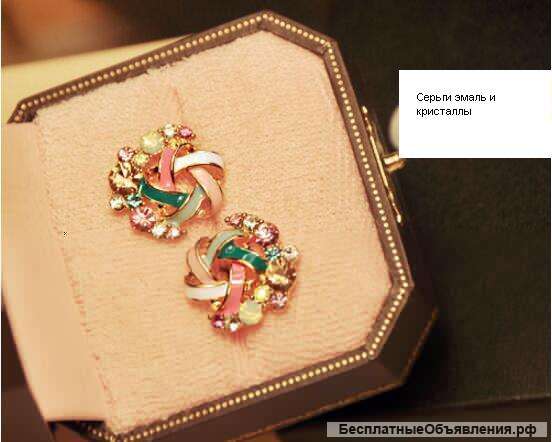 Серьги новые сложный бант эмаль-кристаллы