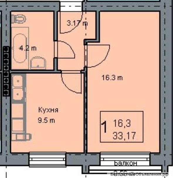 1 к. кв. 34 кв.м.