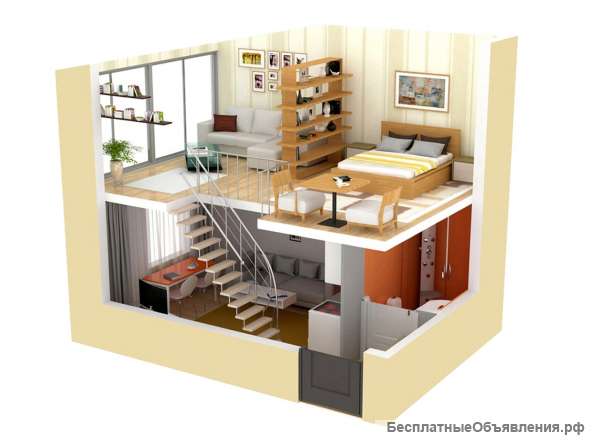 1 комнатная 2-х уровневая квартира площадью 45 м² в новом доме