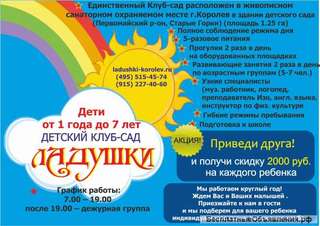 Детский клуб-ясли-сад "Ладушки" в Королеве приглашает детей с 1 года
