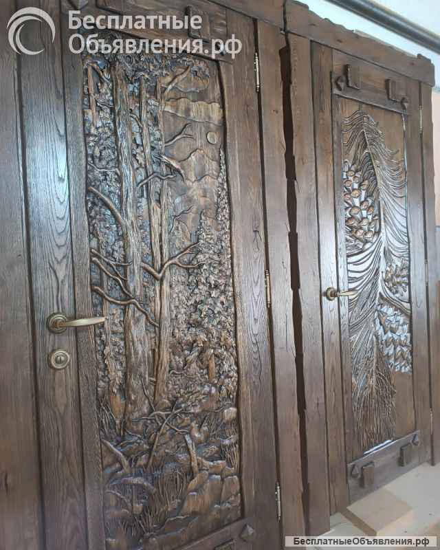 Двери с резьбой, классика из массива дерева под заказ
