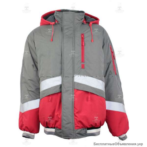 Куртка зимняя серо-красная с капюшоном