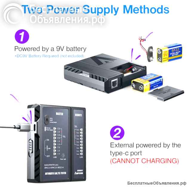 Тестер сетевого кабеля AMPCOM, AMCSYXH, RJ45, RJ11 НОВЫЙ