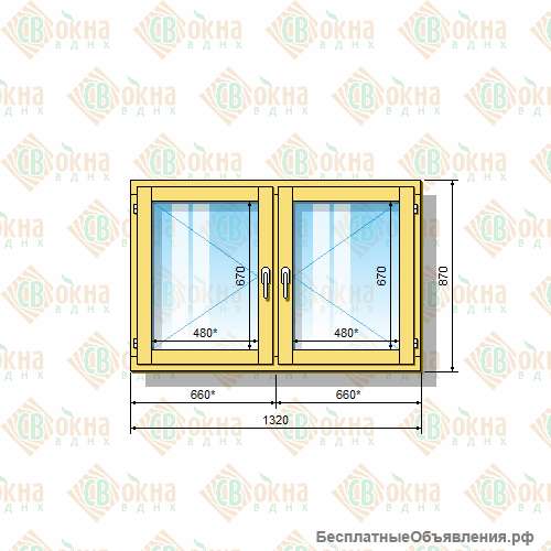 Деревянное окно 870 х 1320 мм (в проем 900 х 1350 мм) ПлПп двухстворчатое