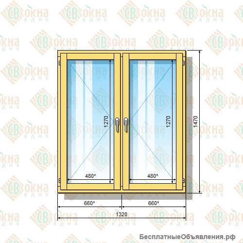 Деревянное окно 1470 х 1320 мм (в проем 1500 х 1350 мм) ПлПп двухстворчатое