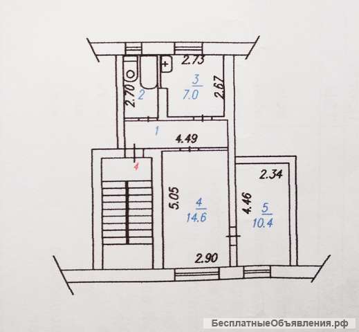 2-х комнатную квартиру, 42,4 кв.м., чистая продажа, торг. п. Листвянский