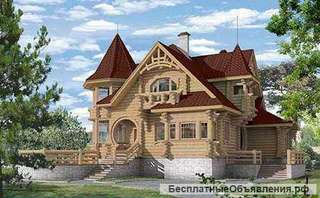 Коттедж из рубленого бревна с мансардой и фигурным эркером
