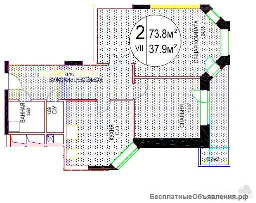 2-к квартира, 74 м², 8/25 эт