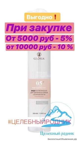Вода косметическая Глория для удаления остатков сахарной пасты