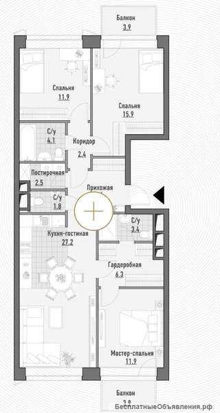 Трехкомнатная квартира 97,32 кв.м., Премиум-квартал Джаз