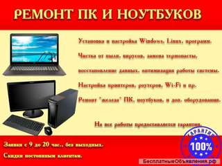 Ремонт ПК, ноутбуков и мониторов на дому у заказчика