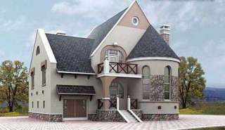 Проект дома из газобетона 11 на 12 м с мансардой и полукруглым эркером