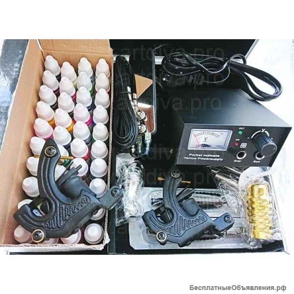 Тату машинки в наборе с блоком питания и красками в кейсе