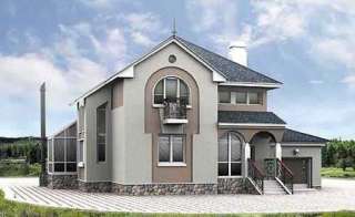 Двухэтажный дом из газобетона 10 на 14 м с полукруглым эркером