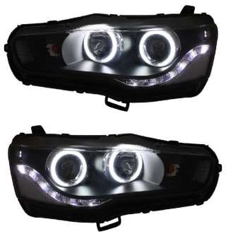 Mitsubishi Lancer 10 X Фары комплект тюнинг линзован (devil eyes) с светящ ободок eagle eyes внутри