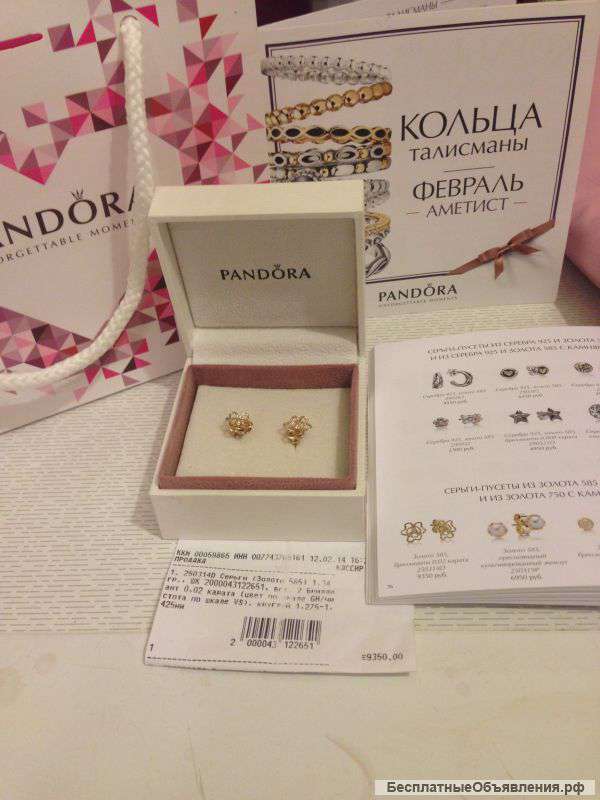 Золотые серьги с бриллиантами Pandora (новые)