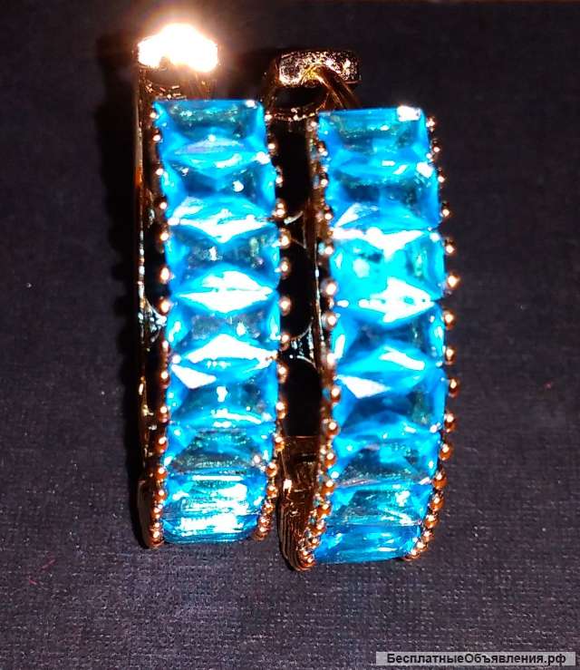 Серьги колечки #голубые кристаллы#позолота