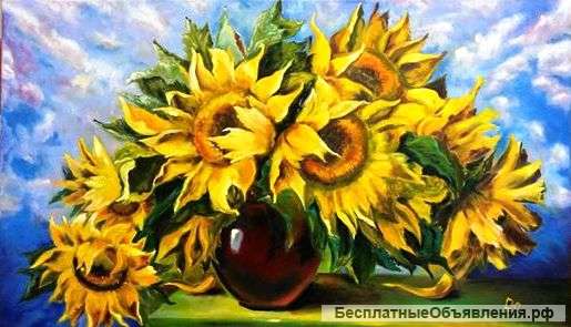 Картина маслом на холсте "Подсолнухи счастья". 100х60. Современная живопись