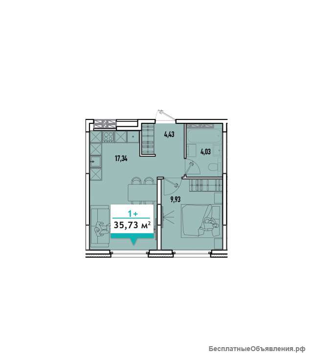 1-комн., 35.7 м², 7 этаж