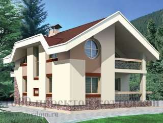 Дом с мансардой из кирпича в стиле модерн с круглыми окнами