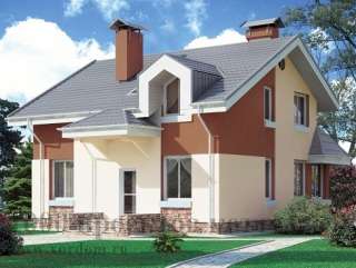 Двухэтажный кирпичный дом в стиле модерн с асимметричной крышей