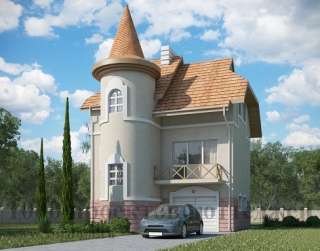 Трёхэтажный дом из кирпича с полукруглым эркером