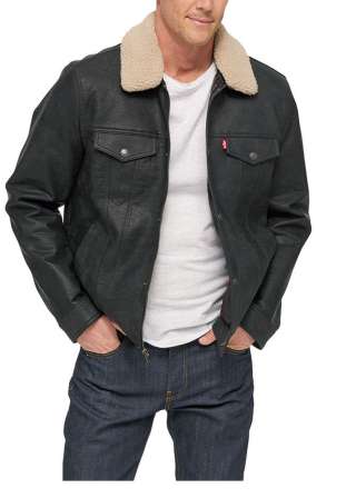 NEW Levis Men's Faux Leather Trucker Jacket w Faux Sherpa Collar size S