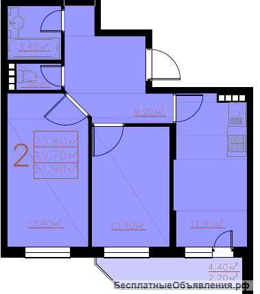 2-к квартира, 51,9 м²