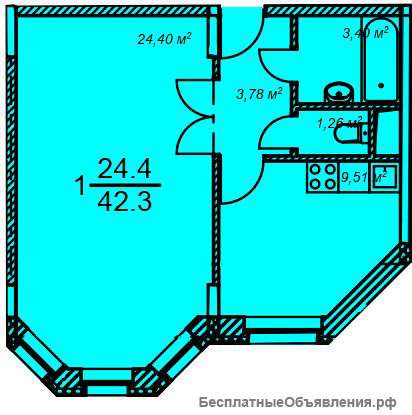 1-ая квартира, 42,3 м²