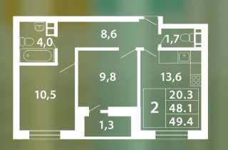2 к. кв. 10/23 эт. в комплексе комфорт-класса площадью 49,59 м2
