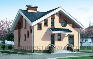 Проект двухэтажного кирпичного дома на 169 кв. м с разноразмерными окнами.