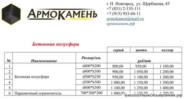 Бетонная полусфера d400хh200 мм (парковочный ограничитель)