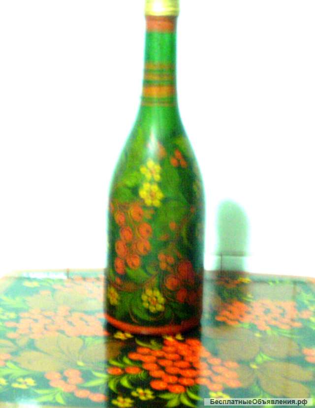 Ваза - бутыль стеклянная, Хохломская роспись, 1960 год, ручная авторская работа в 1 экз