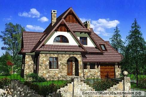 Двухэтажный кирпичный дом с многоскатной крышей