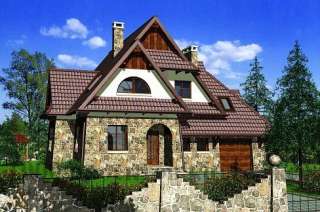 Двухэтажный кирпичный дом с многоскатной крышей