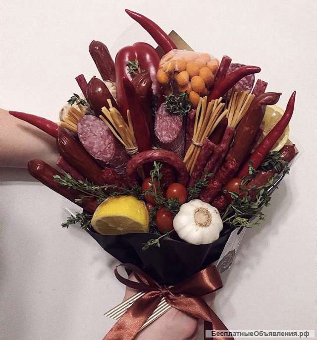 Мужской букет, съедобные букеты, букет из колбасы