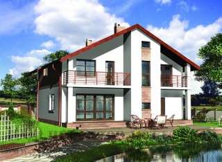 Проект двухэтажного дома из кирпича на 190 кв. м с прямоугольными эркерами.