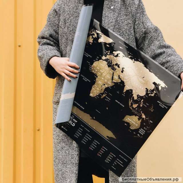 Карта мира со стирающимся скретч слоем Travel Map Black World 80х60 см чёрная 1DEA.ME