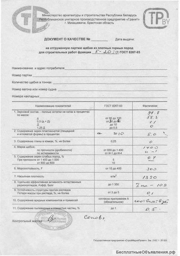 К поставке гранитный щебень. Цена в Москве.