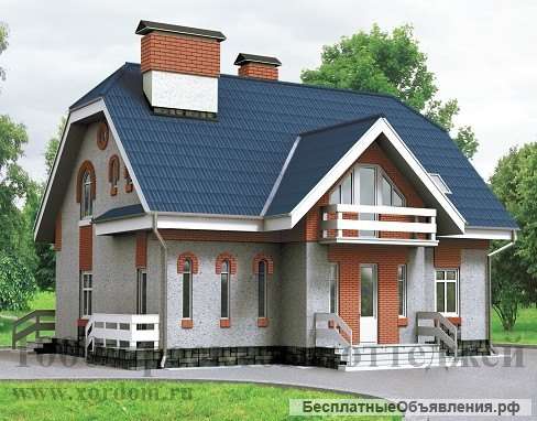 Двухэтажный кирпичный дом с эркером и лестницей посередине