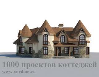 Двухэтажный кирпичный дом с круглыми эрекерами и башнями