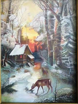 Картина маслом, написанная на холсте. Закат зимой в лесу.
