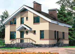 Двухэтажный кирпичный дом на 208 кв. м с двускатной крышей.